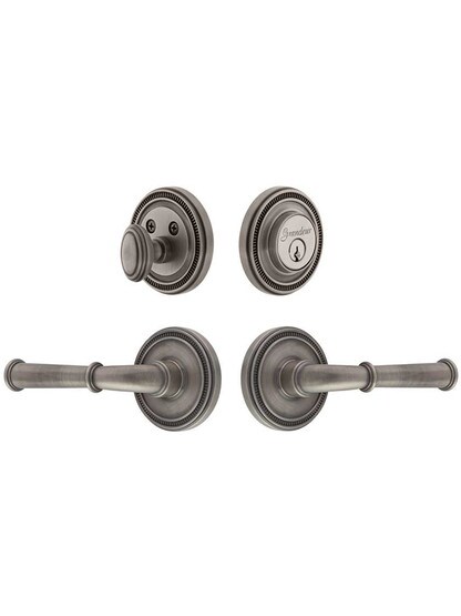 Grandeur Soleil Entry Door Set, Keyed Alike with Georgetown Levers Left Handed in Antique Pewter.